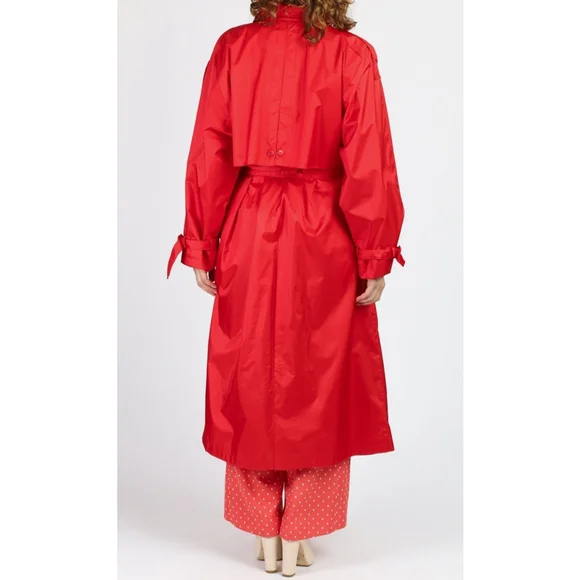 Vintage 80s Paris Sport Club Red Belted Long Nylon Trench Coat Women's 7/8 M - Picture 5 of 16